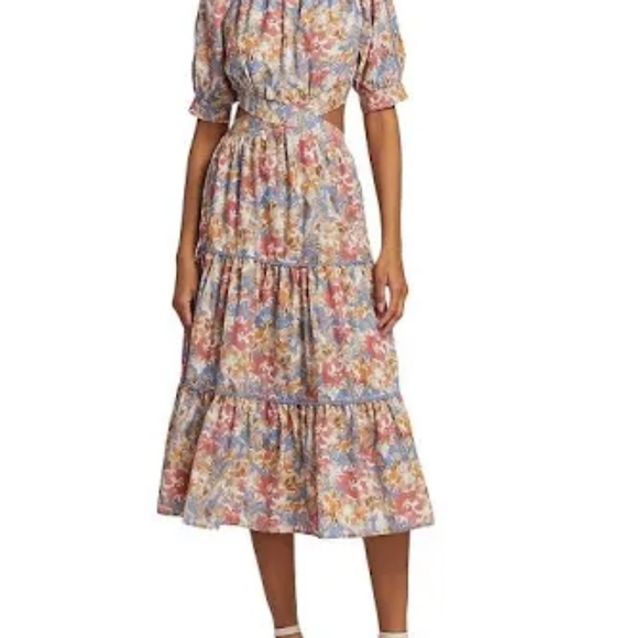 En Saison soleil blue & tan floral print cut out waist tiered midi dress sz M&L - Picture 4 of 6